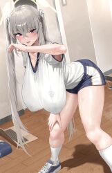 Rule 34 | 1girl, absurdres, banana oekaki, blue archive, blue shorts, breasts, commentary request, computer, covered erect nipples, foot out of frame, grey hair, hair between eyes, hand on own knee, highres, huge breasts, indoors, laptop, long hair, red eyes, sagging breasts, sakurako (blue archive), shirt, shorts, socks, solo, sportswear, standing, sweatdrop, twintails, very long hair, white shirt, white socks, wooden floor