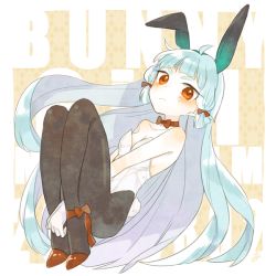 Rule 34 | 10s, 1girl, :&lt;, animal ears, ark kan, black pantyhose, blue hair, blunt bangs, blush, bow, bowtie, breasts, eyebrows, fake animal ears, full body, hair ornament, high heels, kantai collection, legs, leotard, long hair, looking at viewer, murakumo (kancolle), outside border, pantyhose, playboy bunny, rabbit ears, rabbit tail, red eyes, red footwear, shoes, silver hair, sitting, small breasts, solo, tail, thick eyebrows, thighband pantyhose, v arms, very long hair