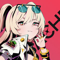 Rule 34 | 1girl, absurdres, azur lane, bache (azur lane), bache (gorgeous speed-star) (azur lane), blonde hair, bracelet, bracer, character name, closed mouth, eyewear on head, hand up, highres, jacket, jewelry, long hair, looking at viewer, multicolored eyes, rabe26k, red background, ring, smug, solo focus, twintails