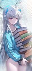 Rule 34 | 1girl, absurdres, alternate costume, bloomers, blue archive, blunt bangs, book, book stack, grey hair, halo, headphones, highres, holding, holding book, jacket, long hair, looking at viewer, mechanical halo, noa (blue archive), noubin, purple eyes, solo, track jacket, underwear