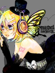 Rule 34 | 1girl, bad id, bad pixiv id, blonde hair, blue eyes, butterfly wings, dress, elbow gloves, fingerless gloves, gloves, hair ornament, hairclip, hat, headphones, headset, insect wings, kagamine rin, magnet (vocaloid), mini hat, mini top hat, nail polish, short hair, solo, top hat, vocaloid, wings, wory