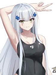 Rule 34 | 1girl, arm behind head, black one-piece swimsuit, breasts, cleavage, closed mouth, collarbone, competition swimsuit, girls&#039; frontline, green eyes, highres, hk416 (girls&#039; frontline), long hair, looking at viewer, medium breasts, one-piece swimsuit, rynn (rynn cube), school swimsuit, silver hair, smile, solo focus, swimsuit, v, white background