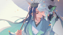 Rule 34 | 2boys, animal ears, black hair, blue eyes, cat boy, cat ears, closed eyes, holding, holding umbrella, long hair, luo xiaohei, luo xiaohei (human), luo xiaohei zhanji, multiple boys, parted lips, petals, profile, short hair, suncle, twitter username, umbrella, upper body, white hair, wuxian (the legend of luoxiaohei)