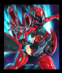 Rule 34 | 1girl, arm up, black border, border, breasts, commentary request, cyborg, facing viewer, helmet, high heels, highres, large breasts, mechanical arms, mechanical legs, mechanical wings, robot, sky, solo, space, star (sky), starry sky, visor, wings, yuuji (and)
