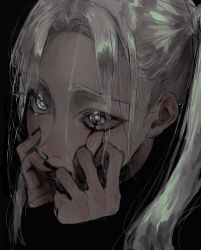 Rule 34 | 1girl, akuta vi, black nails, blood, blood on face, bloody tears, grey eyes, hair strand, hands on own face, highres, looking at viewer, nail polish, original, portrait, solo