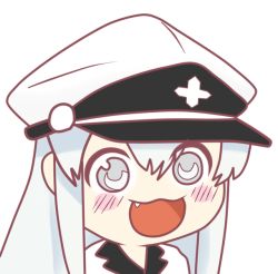 Rule 34 | 10s, 1girl, :3, :d, akame ga kill!, artist request, blush, blush stickers, chibi, cross, esdeath, eyebrows, eyelashes, fang, flat color, greek cross, grey eyes, grey hair, gyate gyate, hat, long hair, meme, military, military hat, military uniform, open mouth, peaked cap, simple background, smile, solo, tooth, uniform, very long hair, white background