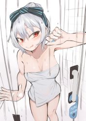 Rule 34 | 1girl, bare shoulders, bathroom, blush, breasts, cleavage, closed mouth, collarbone, feet out of frame, girls&#039; frontline, hair between eyes, highres, kuzumotsu, licking lips, lips, long hair, looking at viewer, medium breasts, naked towel, red eyes, silver hair, simple background, smile, solo, standing, tokarev (girls&#039; frontline), tongue, tongue out, towel, wet