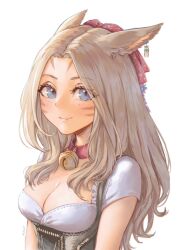 Rule 34 | 1girl, animal ears, atiarta7, bell, blue eyes, breasts, cat ears, cat girl, collar, commission, facial mark, final fantasy, final fantasy xiv, highres, light brown hair, long hair, medium breasts, miqo&#039;te, neck bell, second-party source, shirt, short sleeves, smile, warrior of light (ff14), whisker markings, white shirt