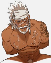 Rule 34 | 1boy, :q, abs, arm tattoo, arms behind back, bara, beard, blue eyes, braid, completely nude, cum, cum on body, cum on male, cum on pectorals, dark-skinned male, dark skin, facial, facial hair, final fantasy, final fantasy xiv, from above, headband, hyur, implied yaoi, kalium (jojajoja99999), large pectorals, licking, long hair, lyon rem helsos, male focus, male pubic hair, mature male, muscular, muscular male, mustache, navel, nipples, nude, old, old man, pectorals, pubic hair, scar, scar on face, scar on nose, solo, stomach, tattoo, thick thighs, thighs, tongue, tongue out, white hair