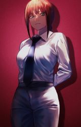 Rule 34 | 1girl, arms behind back, black necktie, black pants, blue eyes, braid, braided ponytail, breasts, brown hair, business suit, chainsaw man, collared shirt, expressionless, formal, highres, long sleeves, looking at viewer, looking down, makima (chainsaw man), medium breasts, medium hair, necktie, office lady, pants, red background, riki (riki unc), ringed eyes, shaded face, shirt, shirt tucked in, simple background, solo, suit, white shirt