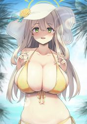 Rule 34 | 1girl, absurdres, adjusting clothes, adjusting swimsuit, bare shoulders, bikini, blonde hair, blue archive, blue sky, blush, breasts, cleavage, collarbone, flower, front-tie top, green eyes, halo, hat, hat flower, highres, huge breasts, long hair, looking at viewer, nameco (nameco h), navel, nonomi (blue archive), nonomi (swimsuit) (blue archive), open mouth, side-tie bikini bottom, sky, smile, solo, standing, sun hat, swimsuit, white hat, yellow bikini