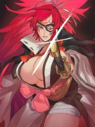 Rule 34 | 1girl, amputee, baiken, big hair, black jacket, black kimono, breasts, cleavage, eyepatch, facial tattoo, guilty gear, guilty gear strive, highres, jacket, jacket on shoulders, japanese clothes, katana, kimono, large breasts, long hair, luci omi gusu, multicolored clothes, multicolored kimono, one-eyed, open clothes, open kimono, pink hair, ponytail, red eyes, samurai, sash, scar, scar across eye, scar on face, solo, sword, tattoo, torn sleeve, weapon, white kimono