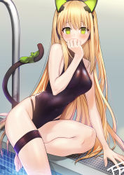 Rule 34 | 1girl, absurdres, animal ear headphones, animal ears, arm support, armpit peek, bare arms, black leotard, black one-piece swimsuit, blonde hair, blush, bow, breasts, brown hair, cat ear headphones, cat ears, cat tail, drain (object), fake animal ears, fpanda, girls&#039; frontline, green bow, green eyes, green ribbon, hand to own mouth, headphones, highleg, highleg panties, highres, leaning to the side, leotard, long hair, looking at viewer, medium breasts, navel, one-piece swimsuit, panties, pool, pool ladder, ribbon, sidelocks, sitting, solo, swimsuit, tail, thigh strap, thighs, tmp (girls&#039; frontline), underwear, very long hair