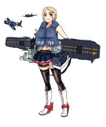 Rule 34 | 1girl, a-1 skyraider, absurdres, aircraft, ammunition box, belt, black thighhighs, blonde hair, blue eyes, boots, breasts, f8f bearcat, flight deck, freckles, full body, groin, highres, kantai collection, knee boots, large breasts, life vest, midriff, navel, original, rigging, short hair, skindentation, skirt, smirk, solo, stacking mann, thigh strap, thighhighs, transparent background, uss midway (cv-41), white footwear