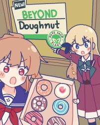 Rule 34 | 2girls, :o, beyond meat, blonde hair, blue eyes, blue sailor collar, blush stickers, bow, bowtie, brand name imitation, brown hair, commentary, cropped jacket, doughnut, english commentary, english text, food, green bow, green bowtie, hayasaka mei, highres, idoly pride, jacket, kabotd, long hair, long skirt, long sleeves, looking at viewer, meme, multiple girls, narumiya suzu, open mouth, pastry box, pleated skirt, pointing, red bow, red bowtie, red eyes, red jacket, red skirt, sailor collar, sidelocks, skirt, two soyjaks pointing (meme)