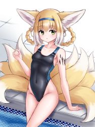 Rule 34 | absurdres, animal ear fluff, animal ears, arknights, arm up, black one-piece swimsuit, blonde hair, braid, braided hair rings, breasts, competition swimsuit, covered navel, fox ears, fox tail, green eyes, groin, hair rings, hairband, highleg, highleg swimsuit, highres, long hair, multiple tails, one-piece swimsuit, partially submerged, pool, poolside, rylaera, small breasts, suzuran (arknights), swimsuit, tail, thighs, twin braids, twintails, water