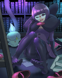 Rule 34 | 1girl, arm support, blunt bangs, book, bookshelf, breasts, buttons, cleavage, commentary request, creatures (company), dress, fallen down, game freak, gen 5 pokemon, glasses, hand up, highres, ladder, litwick, mary janes, medium breasts, nintendo, one eye closed, open mouth, pantyhose, paper, pen, pokemon, pokemon (creature), pokemon bw, purple dress, purple eyes, purple hair, raised eyebrows, round eyewear, shauntal (pokemon), shoes, sitting, soles, tongue, unworn shoes, urin (littleurin)