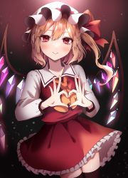 Rule 34 | 1girl, absurdres, ascot, black thighhighs, blonde hair, blush, bow, closed mouth, collared shirt, commentary request, cowboy shot, crystal, dot nose, eyelashes, flandre scarlet, frilled skirt, frills, gradient background, hat, hat bow, hat ribbon, heart, heart hands, highres, long sleeves, looking at viewer, mob cap, niningani ww, one side up, rainbow order, red bow, red ribbon, red skirt, red vest, ribbon, shirt, side ponytail, sidelocks, skirt, solo, standing, thighhighs, thighs, touhou, vest, white hat, wings, yellow ascot