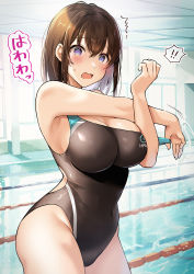 Rule 34 | !, !!, 1girl, ?, @ @, black one-piece swimsuit, blue eyes, blush, breasts, brown hair, competition swimsuit, exercising, hawawa-chan (shiro kuma shake), highres, indoors, lane line, large breasts, looking at viewer, one-piece swimsuit, open mouth, original, pool, reflection, shiro kuma shake, short hair, solo, stretching, sunlight, swimsuit, water, wavy mouth, window