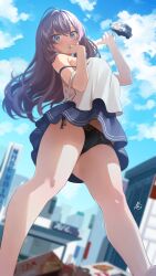 Rule 34 | 1girl, absurdres, bare legs, black panties, blue eyes, blue skirt, blurry, blurry background, blush, breasts, camisole, cityscape, cloud, commission, feet out of frame, finger in own mouth, food truck, giant, giantess, hand up, highres, ichinose shiki, idolmaster, idolmaster cinderella girls, kkix25, large breasts, legs, long hair, motor vehicle, panties, pizza box, purple hair, side-tie panties, signature, skeb commission, skirt, sky, solo, strap slip, underwear, van, white camisole