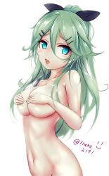 Rule 34 | 10s, 1girl, alternate breast size, aqua eyes, backlighting, black ribbon, blue eyes, blush, breasts, cleavage, collarbone, covering privates, covering breasts, franz (217franz), green hair, hair between eyes, hair ornament, hair ribbon, hairclip, hands up, high ponytail, highres, kantai collection, long hair, looking at viewer, looking to the side, medium breasts, navel, nude, open mouth, out-of-frame censoring, parted bangs, ponytail, ribbon, simple background, smiley face, solo, stomach, twitter username, white background, yamakaze (kancolle)