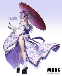 Rule 34 | 1girl, absurdres, alternate costume, alternate hairstyle, ass, bare legs, black footwear, bow, breasts, character name, closed mouth, commentary, copyright name, dramz, floral print, flower, from side, full body, geta, goddess of victory: nikke, gradient background, grey hair, hair between eyes, hair flower, hair ornament, highres, holding, holding umbrella, japanese clothes, katana, kimono, kneepits, legs, logo, long hair, looking at viewer, medium breasts, off shoulder, oil-paper umbrella, orange eyes, panties, panty peek, platform clogs, platform footwear, purple background, purple bow, scarlet (nikke), side-tie panties, simple background, smile, socks, solo, standing, sword, tabi, thighs, topknot, umbrella, underwear, weapon, white kimono, white panties, white socks