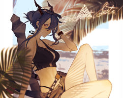Rule 34 | 1girl, absurdres, arknights, arm up, bikini, black bikini, blue hair, blurry, bracelet, breasts, ch&#039;en (arknights), ch'en (arknights), depth of field, eyewear on head, female tourist c (arknights), from side, hair between eyes, hair bun, highres, horns, jewelry, medium breasts, navel, official alternate costume, open fly, open pants, outdoors, pants, red eyes, short shorts, shorts, single hair bun, sitting, solo, sunglasses, sunglasses on head, swimsuit, tail, ting (machi nakahara)