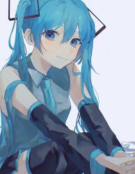 Rule 34 | 1girl, black skirt, black sleeves, black thighhighs, blue eyes, blue hair, blue necktie, commentary request, crossed fingers, detached sleeves, grey shirt, hair between eyes, hatsune miku, highres, looking at viewer, machida 0906, necktie, shirt, sidelocks, simple background, sitting, skirt, sleeveless, sleeveless shirt, smile, solo, thighhighs, twintails, vocaloid, white background