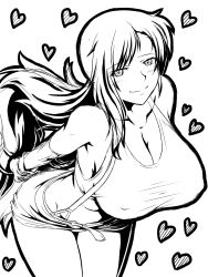 Rule 34 | 1990s (style), 1girl, breasts, cleavage, female focus, final fantasy, final fantasy vii, greyscale, heart, highres, huge breasts, leaning forward, long hair, looking at viewer, monochrome, skirt, smile, solo, standing, suspenders, taro, tifa lockhart, very long hair