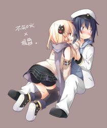 Rule 34 | admiral (warship girls r), asymmetrical legwear, bare shoulders, beige vest, black footwear, black legwear, black skirt, blonde hair, blue eyes, blue hair, blush, braid, brown background, chinese text, closed mouth, detached sleeves, embarrassed, fingers to chin, forced smile, hair ornament, hand on another&#039;s chin, hat, hood, jacket, kneeling, looking away, open mouth, pants, peaked cap, purple scarf, scarf, shenbei xiaoqiu, shiranui (warship girls r), shoes, short shorts, shorts, sitting, sitting on lap, sitting on person, skirt, smile, socks, sweatdrop, teasing, thighhighs, uneven legwear, vest, warship girls r, white jacket, white pants