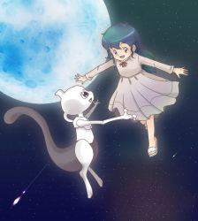 Rule 34 | 1girl, ambertwo (pokemon), creatures (company), dress, eye contact, falling star, floating, full moon, game freak, gen 1 pokemon, green hair, hatinoyu, legendary pokemon, long hair, long sleeves, looking at another, mewtwo, moon, night, night sky, nintendo, open mouth, outdoors, outstretched arms, pokemon, pokemon (anime), pokemon (classic anime), pokemon (creature), pokemon: the first movie - mewtwo strikes back, sandals, sky, spread fingers, white dress, white footwear