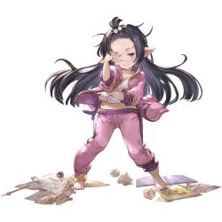 Rule 34 | 1girl, alternate costume, barefoot, black hair, blue eyes, blunt bangs, eyepatch, granblue fantasy, hair bobbles, hair ornament, harvin, long hair, looking at viewer, lunalu (granblue fantasy), medical eyepatch, midriff, official art, pants, pants rolled up, paper, pointy ears, sleeves rolled up, solo, track pants, track suit, transparent background