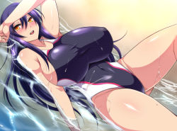 Rule 34 | 1girl, blush, breasts, competition swimsuit, huge breasts, nishida megane, one-piece swimsuit, purple hair, solo, swimsuit