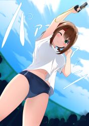 Rule 34 | 1girl, absurdres, arm up, blue buruma, blue sky, blush, breasts, brown hair, buruma, cloud, commentary request, commission, dutch angle, from below, frown, green eyes, gun, gym shirt, gym uniform, hair tie, handgun, highres, holding, holding gun, holding weapon, kisaragi setsu (mssk8485), large breasts, looking at viewer, looking down, low twintails, medium hair, multiple others, navel, one eye closed, original, panties, panties under buruma, panty peek, people, pixiv commission, shirt, short sleeves, sky, solo, split mouth, sports festival, starting pistol, swept bangs, tearing up, thighs, twintails, underwear, weapon, white panties, white shirt