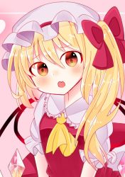 Rule 34 | 1girl, ascot, blonde hair, blush, bow, breasts, collared shirt, commentary request, crystal, dress, eyes visible through hair, fang, flandre scarlet, frills, hair between eyes, hair bow, hat, heart, highres, jewelry, medium breasts, mob cap, multicolored eyes, one side up, open mouth, pink background, puffy short sleeves, puffy sleeves, purple hat, purple shirt, red bow, red dress, red eyes, shiraishikotori, shirt, short hair, short sleeves, simple background, solo, standing, touhou, wings, yellow ascot, yellow eyes