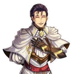 Rule 34 | 1boy, alternate costume, black hair, bowing, commission, commissioner upload, closed eyes, fire emblem, fire emblem: thracia 776, fire emblem heroes, gloves, gzei, hand on own chest, highres, nintendo, open mouth, reinhardt (fire emblem), simple background, smile, solo