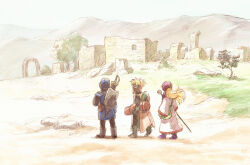Rule 34 | 1girl, 2boys, bag, black pants, black undershirt, blonde hair, blue headwear, blue sky, blue tunic, boots, cape, carrying, carrying under arm, cousins, day, dragon quest, dragon quest ii, from behind, full body, gloves, green footwear, green gloves, holding, holding staff, hood, long hair, looking ahead, mountainous horizon, multiple boys, orange cape, orange hair, outdoors, pants, prince, prince of lorasia, prince of samantoria, princess, princess of moonbrook, purple footwear, purple headwear, robe, rock, ruins, scenery, shield, shield on back, sky, spiked hair, staff, standing, sword, tree, weapon, weapon on back, white robe, yuza