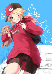 Rule 34 | 1girl, alternate costume, blonde hair, blush, breasts, cameltoe, clothes writing, commentary request, contemporary, dot nose, english text, fate (series), green eyes, grin, hair ornament, hood, hoodie, long hair, mordred (fate), mordred (fate/apocrypha), mozu (peth), nail polish, hugging object, one eye closed, ponytail, red headwear, red hoodie, red nails, short shorts, shorts, sketch, smile, solo, star (symbol), stuffed animal, stuffed toy, teddy bear, teeth