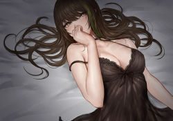 Rule 34 | 1girl, bare arms, bare shoulders, bed sheet, blush, breasts, brown eyes, brown hair, camisole, cleavage, collarbone, covering own mouth, girls&#039; frontline, green hair, highres, jewelry, long hair, low-cut, m4a1 (girls&#039; frontline), medium breasts, multicolored hair, ring, selcky, solo, strap slip, streaked hair, two-tone hair, underwear, underwear only, upper body
