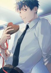 Rule 34 | 1boy, absurdres, belt, blue hair, candy, chocolate, chocolate heart, collared shirt, eating, fate/grand order, fate (series), food, heart, highres, holding, holding chocolate, holding food, kajijii, long sleeves, looking at viewer, male focus, necktie, pants, red ribbon, ribbon, saitou hajime (fate), shirt, short hair, solo, twitter username, upper body, white shirt