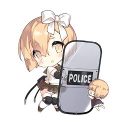 Rule 34 | 2girls, :d, armor fairy (girls&#039; frontline), black bag, blonde hair, blush, blush stickers, bow, brown dress, brown footwear, brown sailor collar, brown skirt, chibi, dress, elbow pads, eyes visible through hair, fairy (girls&#039; frontline), girls&#039; frontline, gloves, hair between eyes, hair bow, hair over eyes, holding, holding shield, knee pads, looking at viewer, multiple girls, official art, open mouth, pouch, riot shield, sailor collar, saru, shield, shirt, short hair, short sleeves, simple background, skirt, slit pupils, smile, standing, suspender skirt, suspenders, thighhighs, third-party source, transparent background, white bow, white shirt, white thighhighs, yellow eyes