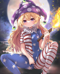 Rule 34 | 1girl, american flag dress, american flag legwear, blonde hair, blue pantyhose, breasts, clownpiece, fire, full moon, hat, highres, holding, holding torch, jester cap, long hair, looking at viewer, moon, neck ruff, night, outdoors, pantyhose, polka dot headwear, purple eyes, purple hat, rabittofaa, short hair, sitting, small breasts, solo, spread legs, star (symbol), star print, striped, torch, touhou, wavy hair
