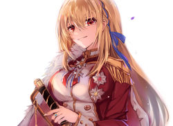 Rule 34 | 1girl, azur lane, blonde hair, blue ribbon, breasts, cape, epaulettes, fur-trimmed cape, fur trim, hair ribbon, highres, jacket, king george v (azur lane), large breasts, long hair, looking at viewer, medal, red cape, red eyes, red jacket, ribbon, shika (shika0), simple background, solo, upper body