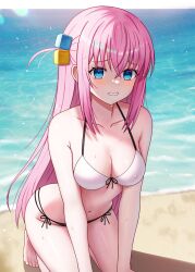 Rule 34 | 1girl, bare arms, bare legs, bare shoulders, barefoot, beach, bikini, black bikini, blue eyes, bocchi the rock!, breasts, cleavage, collarbone, commentary, cube hair ornament, day, feet, front-tie bikini top, front-tie top, gotoh hitori, hair between eyes, hair ornament, highres, kneeling, large breasts, legs, long bangs, long hair, melreon, navel, ocean, one side up, outdoors, pink hair, sand, side-tie bikini bottom, solo, stomach, sunlight, swimsuit, teeth, thighs, toes, water, wet, white bikini