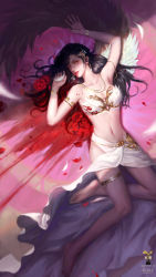 Rule 34 | 1girl, absurdres, angel wings, armlet, bare legs, barefoot, bed, bikini, black hair, blood, blood from mouth, blood splatter, blood on clothes, bracelet, circlet, earrings, flower, highres, jewelry, bridal garter, lightwing academy, long hair, lying, navel, necklace, original, petals, rose, rose petals, sarong, single wing, soles, swimsuit, wavy hair, wings, yellow eyes