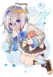 Rule 34 | 1girl, absurdres, amane kanata, amane kanata (1st costume), angel wings, bespectacled, bob cut, book, boots, colored inner hair, commentary request, embarrassed, full body, glasses, halo, hand on own face, highres, hololive, charm (object), looking at viewer, multicolored hair, purple eyes, ribbon, school uniform, short hair, silver hair, single hair intake, solo, star halo, virtual youtuber, wings