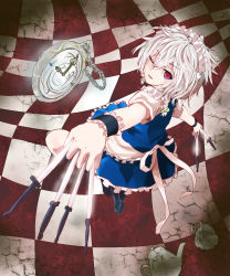 Rule 34 | 1girl, apron, bad id, bad pixiv id, bow, braid, checkered background, cup, dagger, dairiseki (dairi stone), from behind, full body, hair bow, highres, izayoi sakuya, knife, looking at viewer, looking back, maid headdress, one eye closed, open mouth, outstretched arms, pocket watch, puffy sleeves, red eyes, ribbon, shirt, short hair, short sleeves, silver hair, skirt, skirt set, smile, solo, teacup, teapot, touhou, twin braids, vest, waist apron, watch, weapon, wrist cuffs