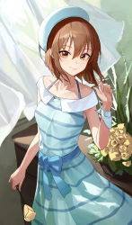 Rule 34 | 1girl, absurdres, bare arms, blue dress, brown eyes, brown hair, closed mouth, collarbone, commentary, curtains, day, dress, english commentary, feet out of frame, flower, hagiwara yukiho, hand up, hat, highres, holding, holding flower, idolmaster, idolmaster (classic), indoors, looking at viewer, mac star, plant, potted plant, rose, short hair, sleeveless, sleeveless dress, smile, solo, spaghetti strap, striped clothes, striped dress, white hat, wrist cuffs, yellow flower, yellow rose
