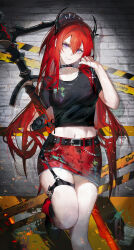 Rule 34 | 1girl, arknights, asymmetrical gloves, belt, black gloves, brick wall, caution tape, chain, choker, closed mouth, collarbone, female focus, gloves, hair between eyes, hair ornament, highres, holding, holding polearm, holding weapon, horns, jewelry, long hair, looking at viewer, miniskirt, navel, necklace, polearm, purple eyes, qiandaiyiyu, red hair, red skirt, shadow, skirt, smile, solo, surtr (arknights), thighs, very long hair, weapon