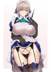 Rule 34 | 1girl, :o, absurdres, between fingers, black thighhighs, blue dress, blue eyes, blush, braid, breasts, cameltoe, clothes lift, corset, dress, elbow gloves, garter belt, garter straps, gloves, highres, holding, holding knife, izayoi sakuya, knife, large breasts, lifting own clothes, maid headdress, pink background, short hair, silver hair, simple background, sinkai, skirt, skirt lift, solo, thighhighs, touhou, twin braids